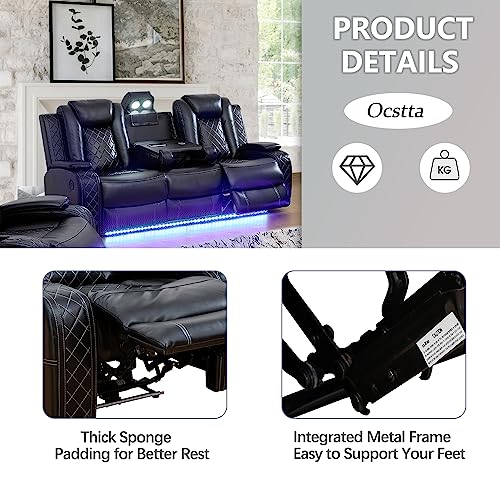 3 Piece Cream White Leather Recliner Sofa Set with LED Lights W304022