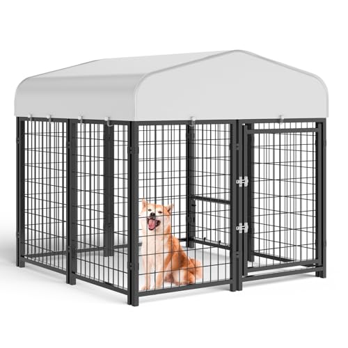 Outdoor Dog Kennel with Doggy Door, Swivel Feeder & Roof, 8x4x6 Large Heavy Duty Cage Enclosure R4757