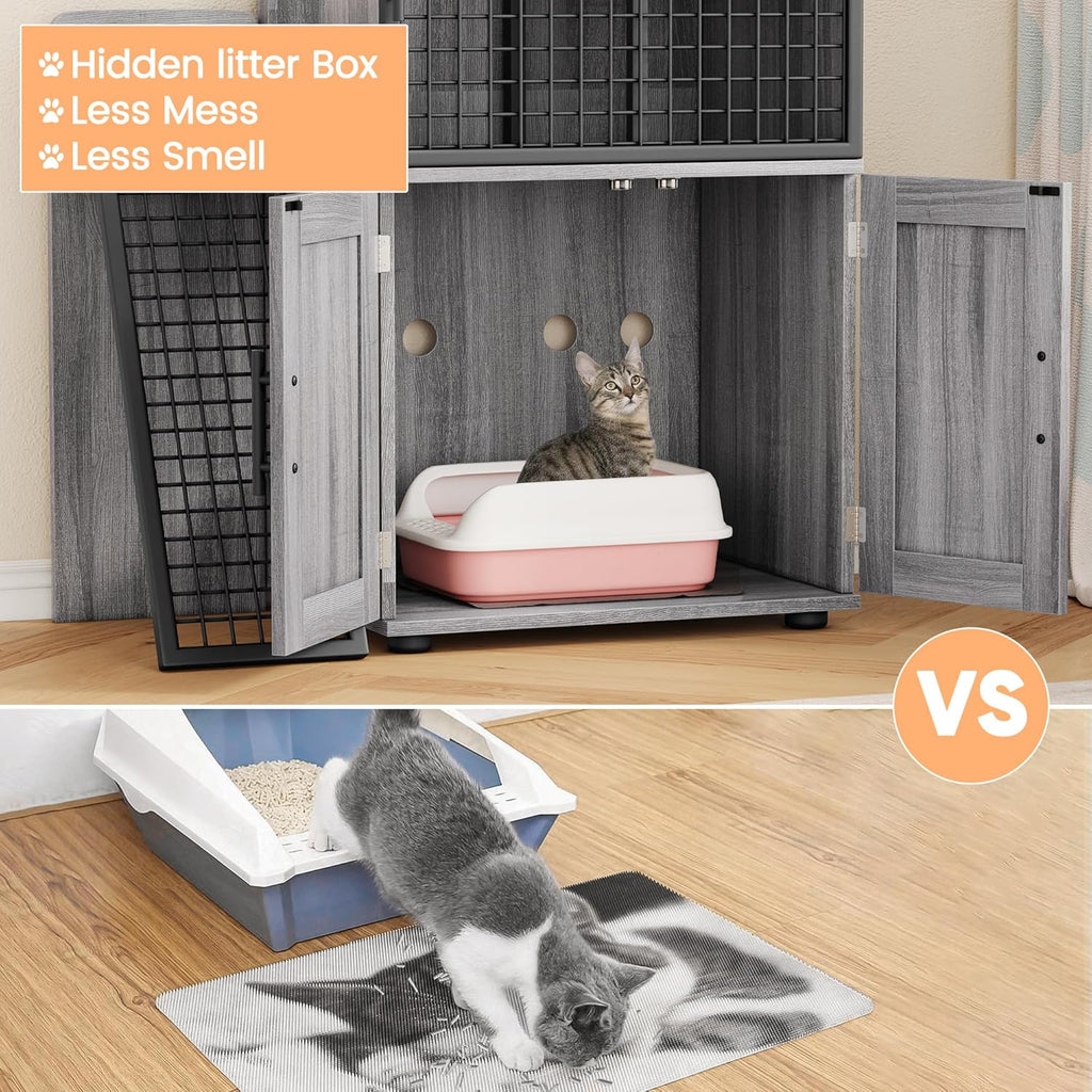Cat Litter Box Enclosure with Platform, Double Layer Cat Litter Hidden Furniture, Large Cat Cabinet with Ladder, Wax Wood B6325