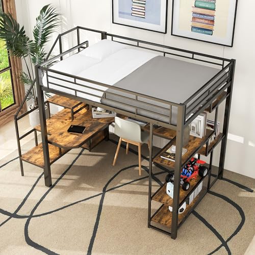 White Full Size Metal Loft Bed with Storage Staircase and Wardrobe X625827