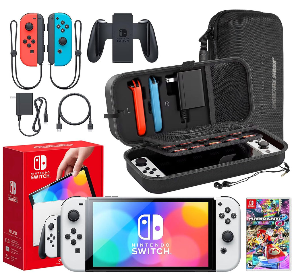 OLED Model Mario Kart 8 Deluxe Bundle with Extra Joy-Con (Red/Blue), Dock, Grips, Straps, Case and Earphones E14390