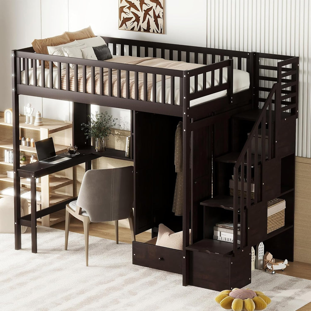 Twin Size Solid Wood Loft Bed with Stairs, Desk, Bookshelf, Drawers and Wardrobe G609