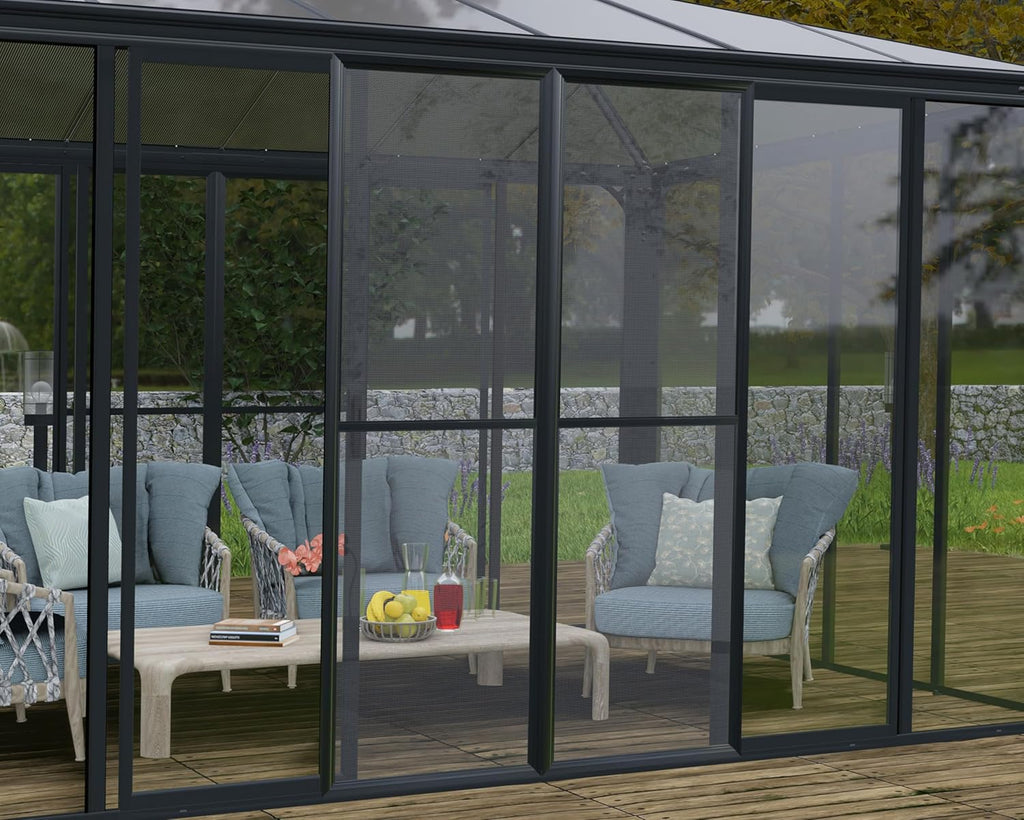Gray 13x14 Enclosed Patio Cover with Screen Doors DIY Sunroom Kit Lean to Gazebo with Walls UV Protected Polycarbonate Shelter K974