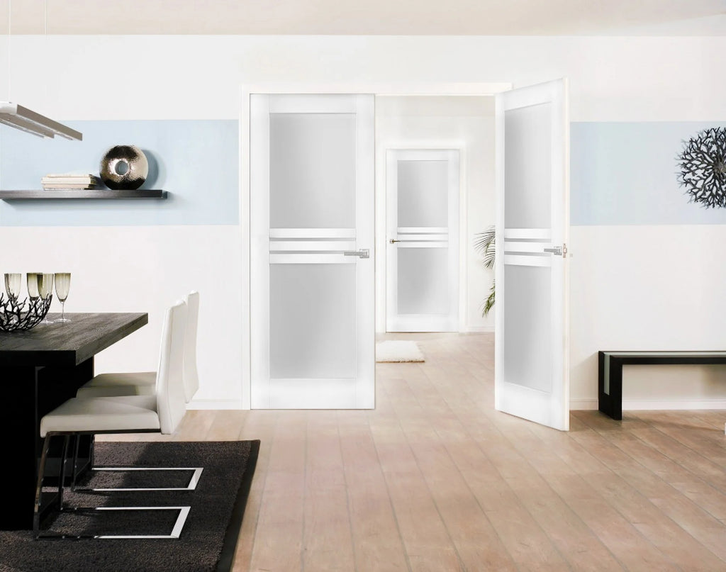 Solid French Double Doors 56 x 84 inches Opaque Glass 4 Lites White Silk Wood Solid Panel Frame U1341