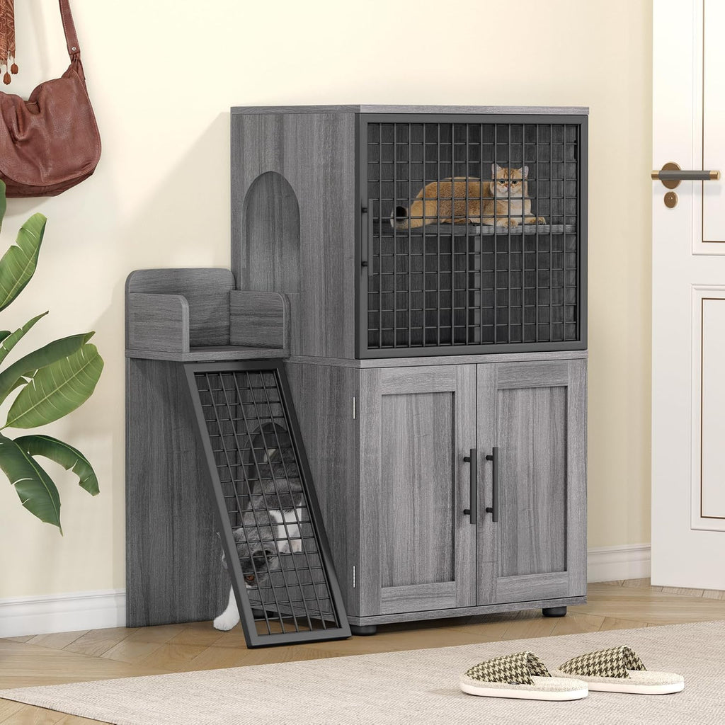 Cat Litter Box Enclosure with Platform, Double Layer Cat Litter Hidden Furniture, Large Cat Cabinet with Ladder, Wax Wood B6325