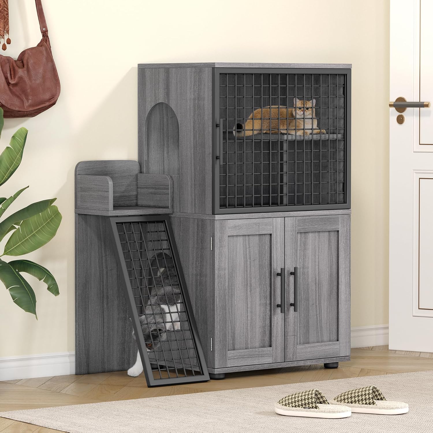 Cat Litter Box Enclosure with Platform, Double Layer Cat Litter Hidden Furniture, Large Cat Cabinet with Ladder, Wax Wood B6325