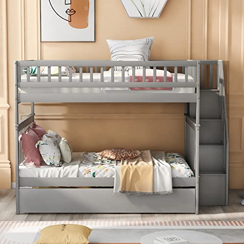 White Solid Wood Twin Size Loft Bed with L-Shaped Desk and Stairs Y341