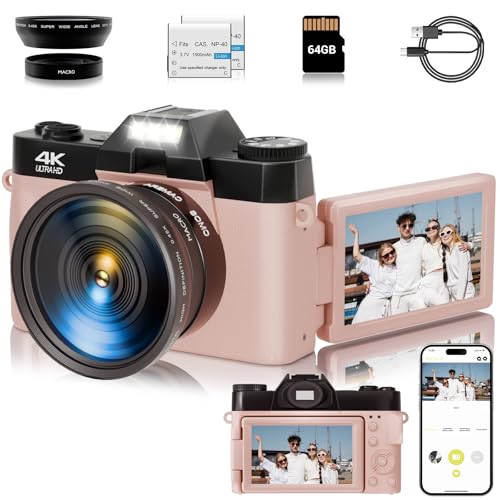 56MP 16X Digital Zoom WiFi 3'' 180° Flip Screen Compact Camera with 2 Batteries 64GB Micro SD Card (Black) A100753
