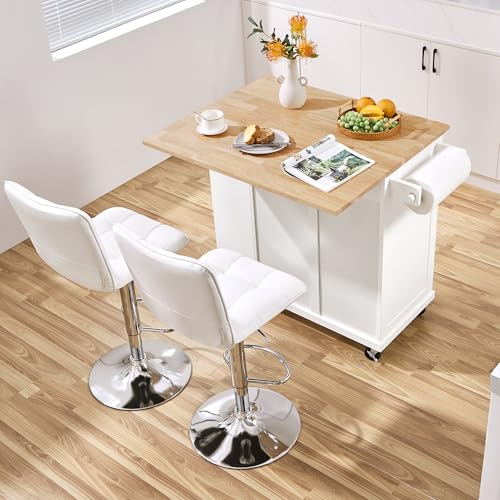 White Rolling Kitchen Island Cart with Drop Leaf, 2 Drawers H155