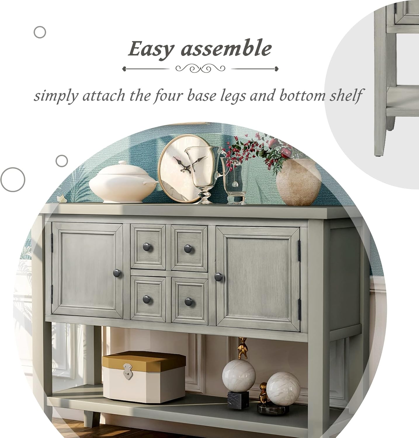 Antique Gray Solid Wood Console Table with 4 Drawers and Bottom Shelf E543