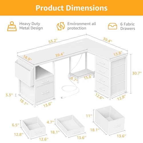 Black L Shaped Corner Computer Desk with 6 Fabric Drawers Y819