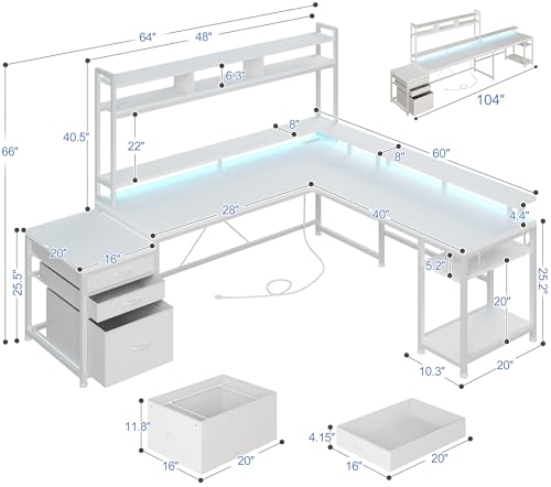 White 64" L Shaped Gaming Desk with Hutch, Drawers, Storage Shelves, Monitor Stand and LED Light G531568