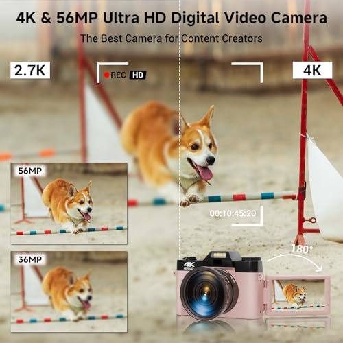 56MP 16X Digital Zoom WiFi 3'' 180° Flip Screen Compact Camera with 2 Batteries 64GB Micro SD Card (Black) A100753