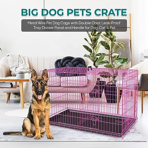 Large Foldable Metal Wire Dog Crate with Double-Door Tray L317