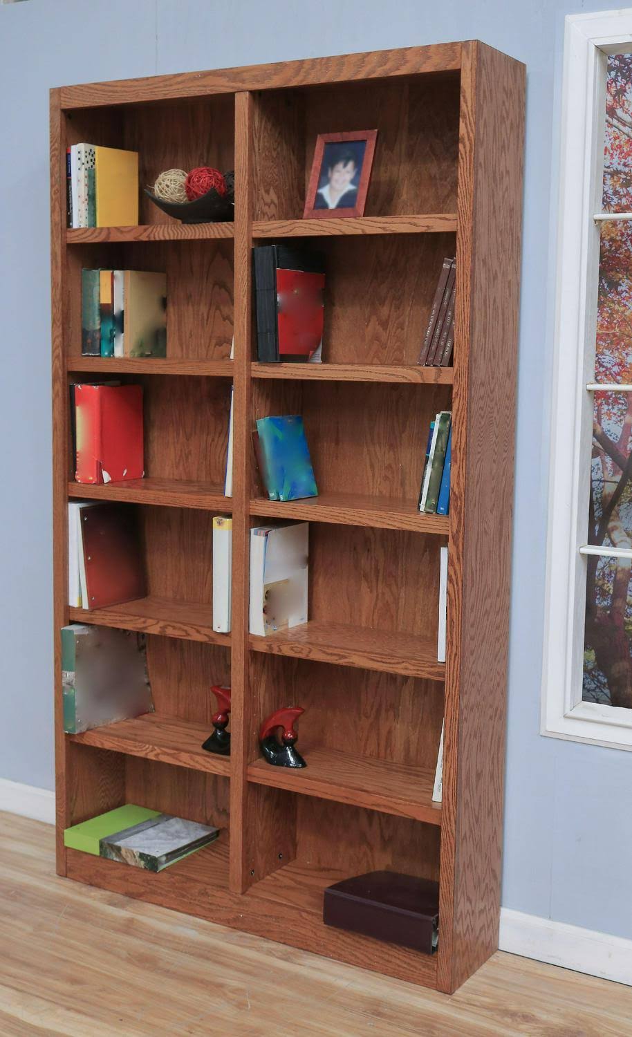 Double Wide Bookcase 12 Shelves Dry Oak D82159