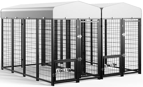 Outdoor Dog Kennel with Doggy Door, Swivel Feeder & Roof, 8x4x6 Large Heavy Duty Cage Enclosure R4757