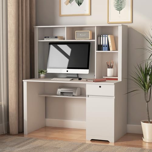 White Wood Computer Desk with Hutch, Bookshelf, Drawers, 3 AC Outlets and 2 USB Charging Ports Z2671