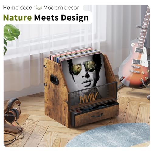 Antique Metal Wooden Vinyl Record Storage with Drawer, Holds up to 60 Records X375