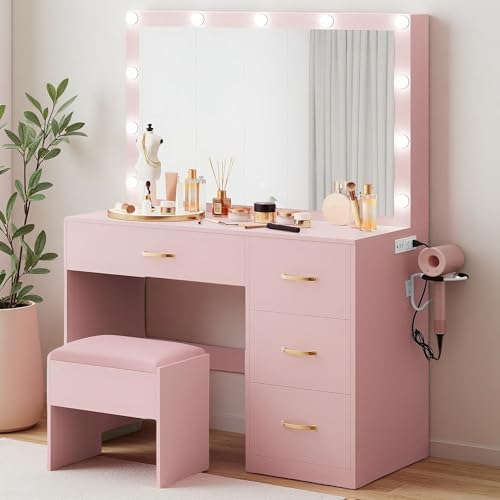 White Vanity Desk with LED Mirror and 4 Drawers T668