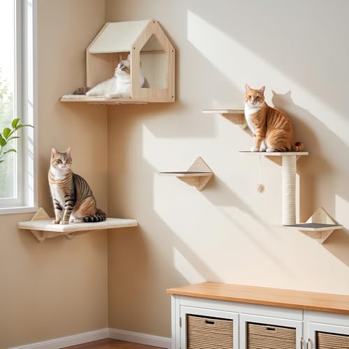 Natural Wood Cat Wall Shelves Set of 5 with House Steps Scratching Post Perch K6004