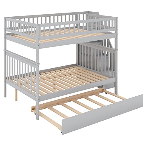 White Solid Wood Twin Size Loft Bed with L-Shaped Desk and Stairs Y341