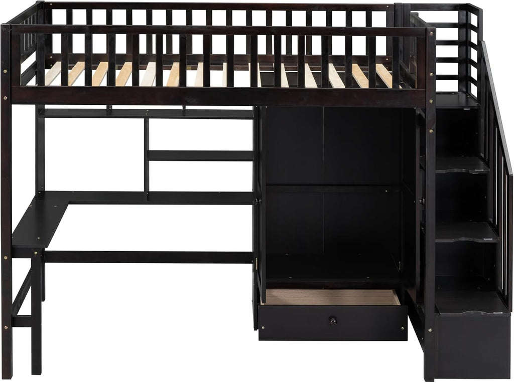 Twin Size Solid Wood Loft Bed with Stairs, Desk, Bookshelf, Drawers and Wardrobe G609