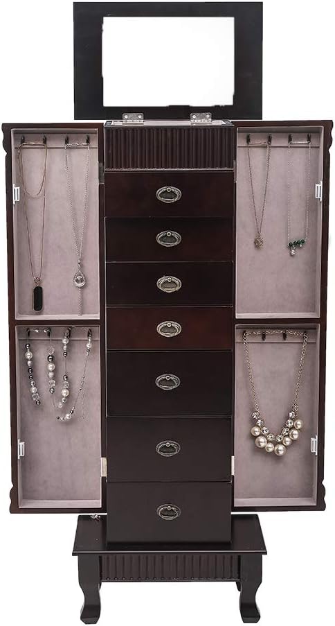 Brown 7 Drawer Jewelry Armoire Cabinet with 2 Doors D4717