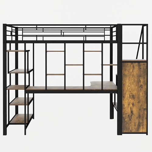 White Full Size Metal Loft Bed with Storage Staircase and Wardrobe X625827