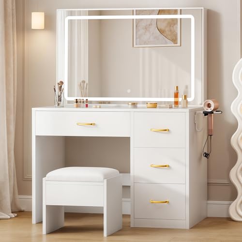 White Vanity Desk with LED Mirror and 4 Drawers T668