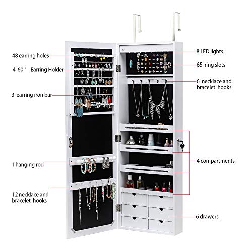 Jewelry Armoire with 8 LEDs, Lockable Large Storage Jewelry Cabinet, White D82004