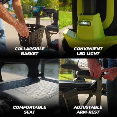 Auto-Folding Mobility Scooter with Remote Control, Lightweight, 300lb Weight Capacity, Extended Battery, Basket, Front LED Light, Lemony-Lime P43458