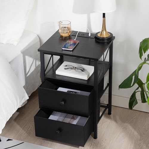 Dark Grey Nightstand Set 2 with Fabric Drawers and Charging Station A657577