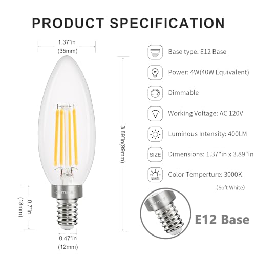 Pack of 6 Dimmable E12 LED Candelabra Bulb 5000K Daylight White 40W Equivalent 400LM C35 B11 Edison Filament Candle Bulbs R61154