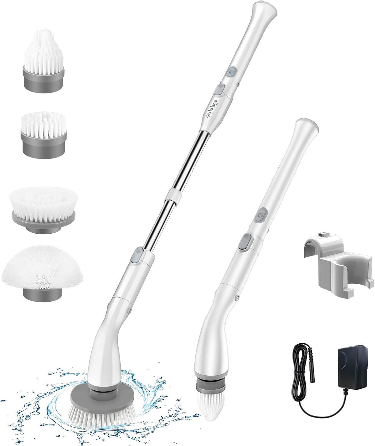 Electric Spin Scrubber with 4 Replaceable Brush Heads and Adjustable Extension Handle (White) Pack of 2 M2213