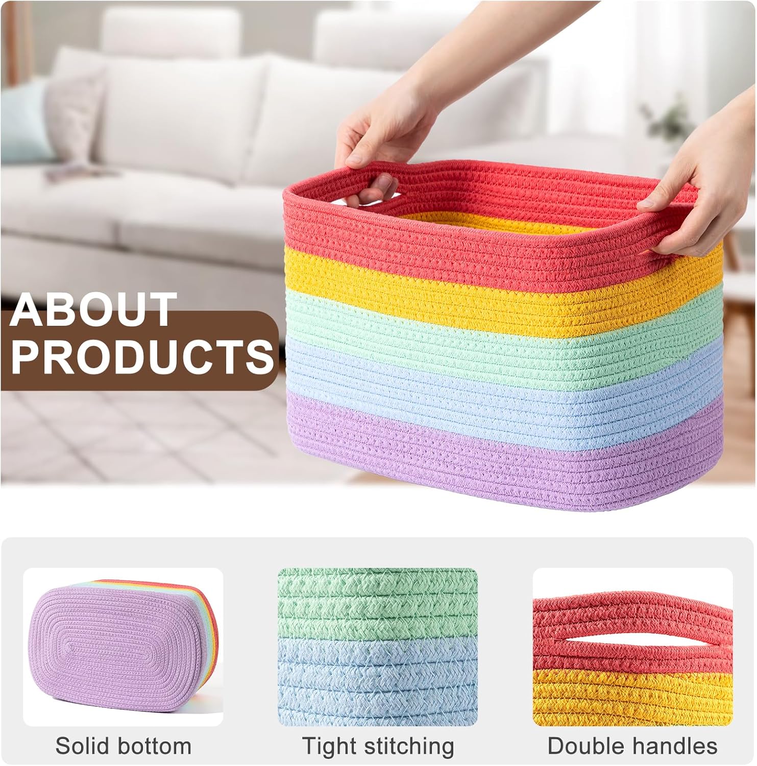 12”x10”x9” Woven Storage Basket with Handles (4 Pack, Rainbow) D105284