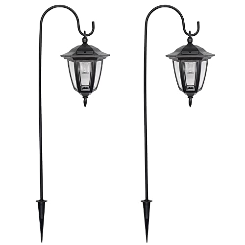 34 Inch Hanging Solar Lights, 2 Pack Warm White LED Garden Lanterns with 2 Shepherd Hooks N417