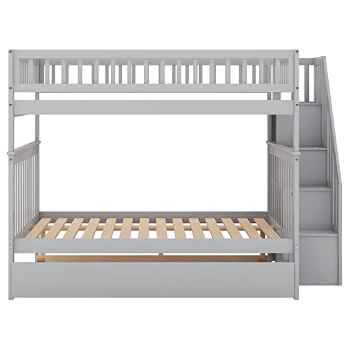 White Solid Wood Twin Size Loft Bed with L-Shaped Desk and Stairs Y341