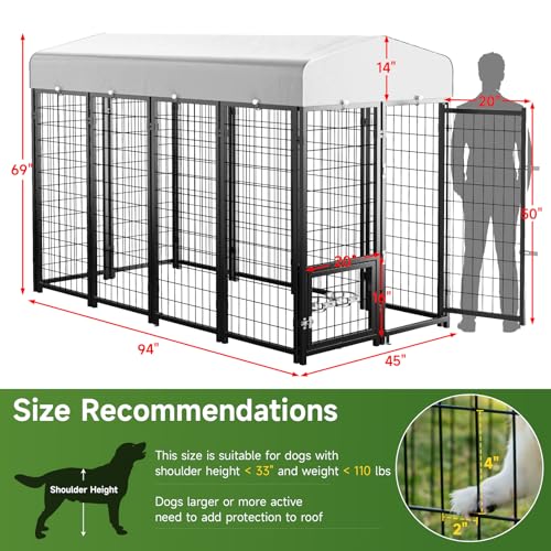Outdoor Dog Kennel with Doggy Door, Swivel Feeder & Roof, 8x4x6 Large Heavy Duty Cage Enclosure R4757