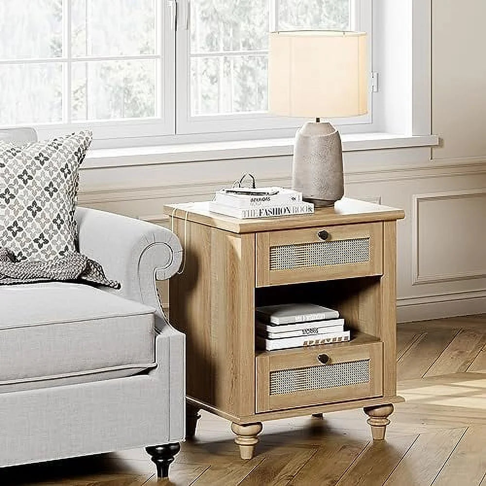 Natural Wood Rattan Nightstand with 2 Drawers R62860