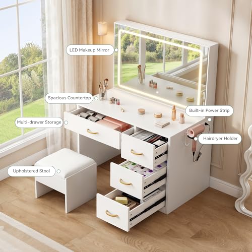 White Vanity Desk with LED Mirror and 4 Drawers T668