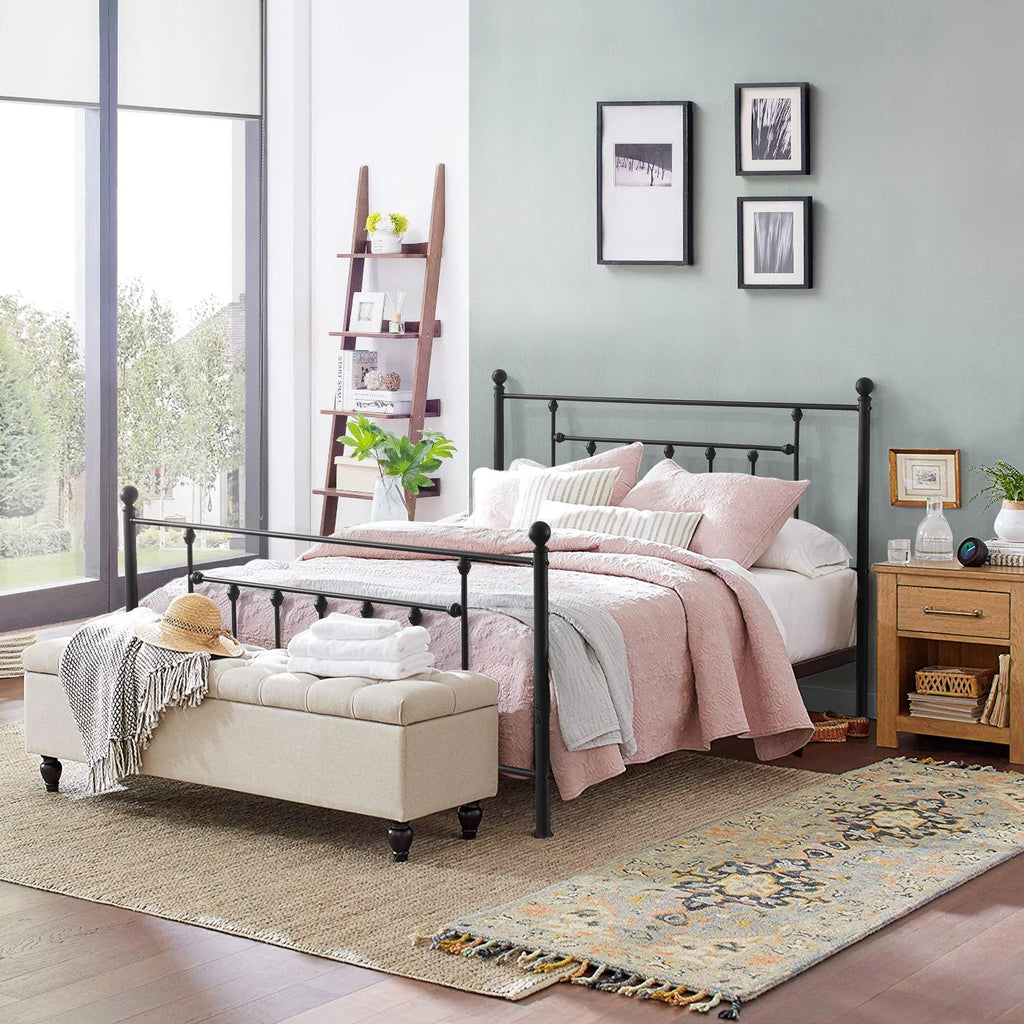 Black Queen Size Metal Bed Platform Frame with Headboard and Footboard C464564