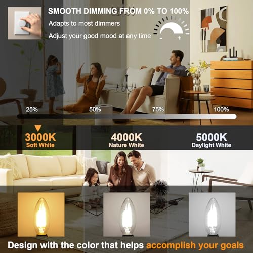 Pack of 6 Dimmable E12 LED Candelabra Bulb 5000K Daylight White 40W Equivalent 400LM C35 B11 Edison Filament Candle Bulbs R61154