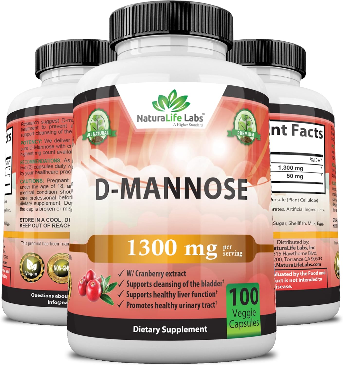 100 Veggie Capsules D-Mannose 1,300 mg with Cranberry Extract J137679