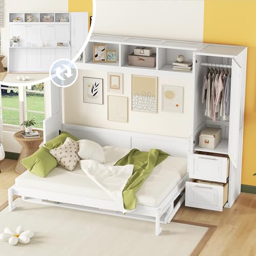 Gray Murphy Cabinet Storage Wall Bed with Closet and Drawers and Built-in Top Shelf R4609