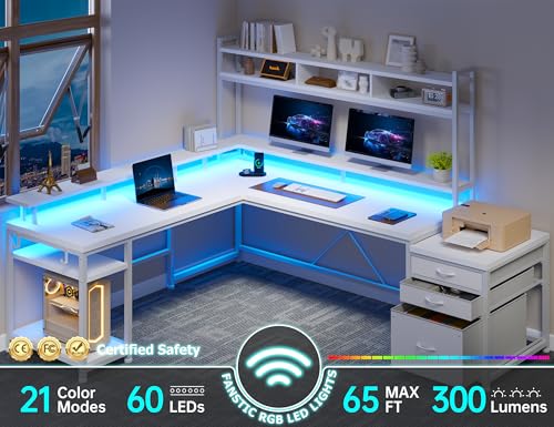 White 64" L Shaped Gaming Desk with Hutch, Drawers, Storage Shelves, Monitor Stand and LED Light G531568