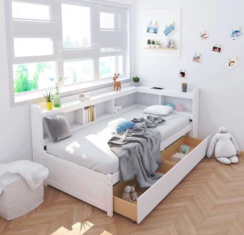 White Twin Size Wooden Bookcase Bed with Storage Drawers I7880
