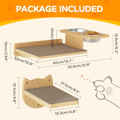 Cat Wall Shelves with 3 Steps and 2 Food Bowls D4614