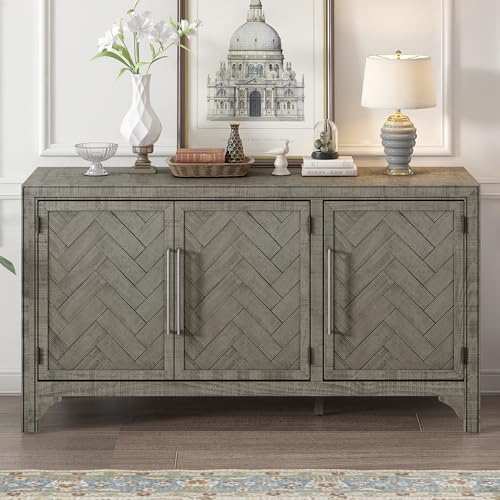Gray 60" Sideboard Cabinet with 3 Doors and Adjustable Shelves Y57408