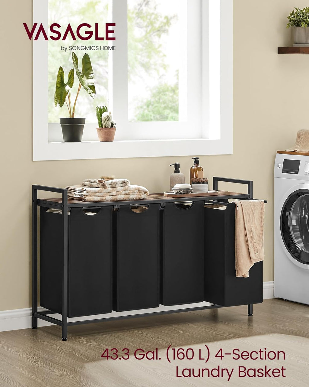 Rustic Brown and Black Laundry Hamper with 4 Removable Bags Q220488