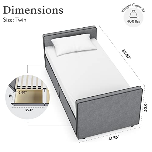 Twin Size Platform Bed Frame with 2 Storage Drawers in Gray Fabric H368